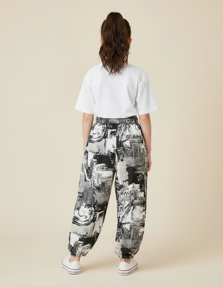 Pantalon Fluide Imprimé Abstrait Ample Décontracté Noir Blanc - Viscose - vue 2