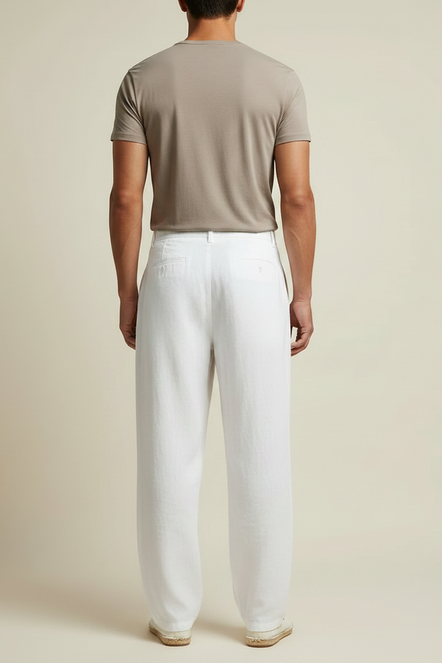 Pantalon Fluide Blanc Lin Ample Boutons Décontracté Homme - vue 2