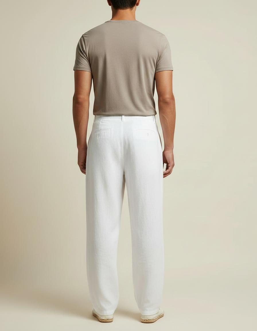 Pantalon Fluide Blanc Lin Ample Boutons Décontracté Homme - vue 2