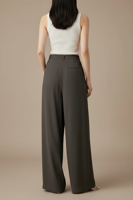 Pantalon Fluide Kaki Ample Plissé Taille Haute - Viscose - vue 2