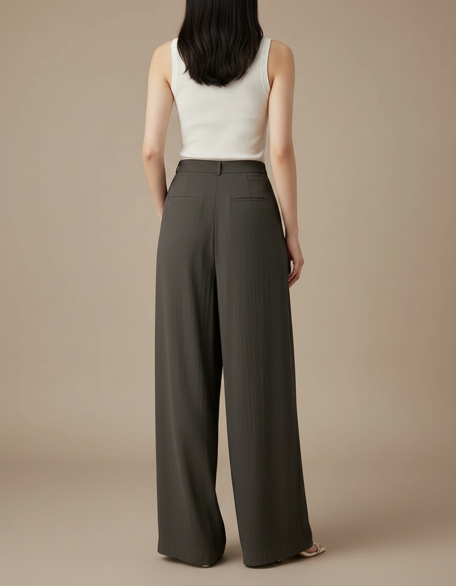 Pantalon Fluide Kaki Ample Plissé Taille Haute - Viscose - vue 2