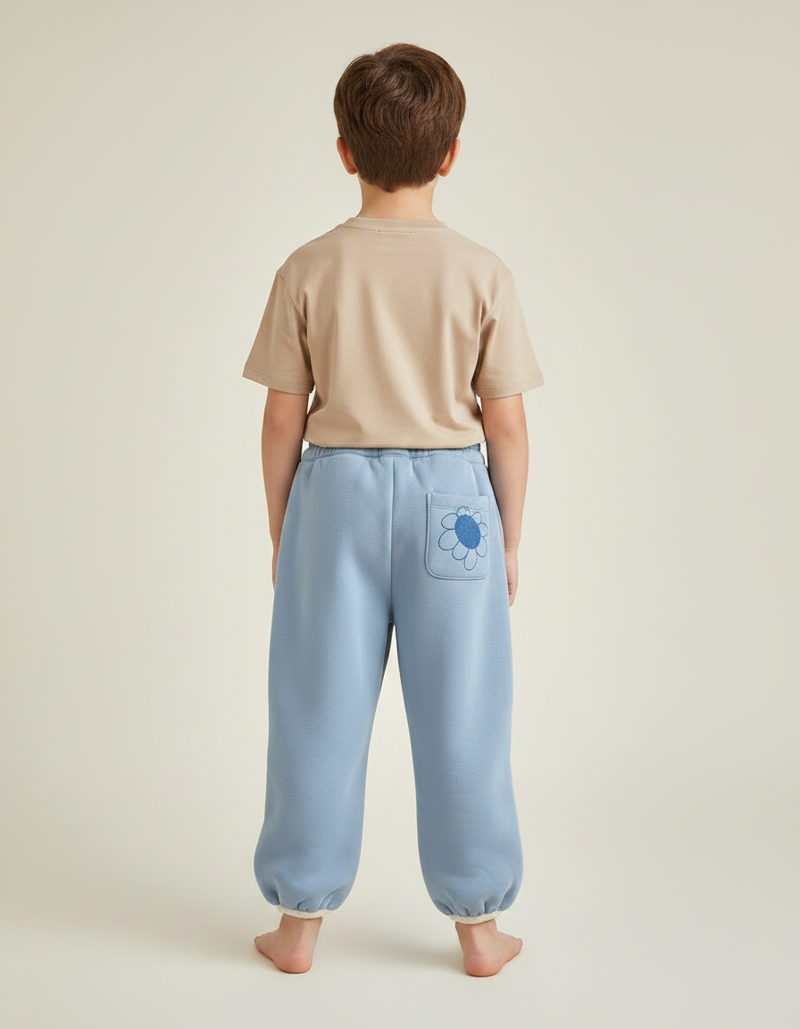 Pantalon Fluide Bleu Ciel Ample Molleton Fleurs Enfant - vue 2