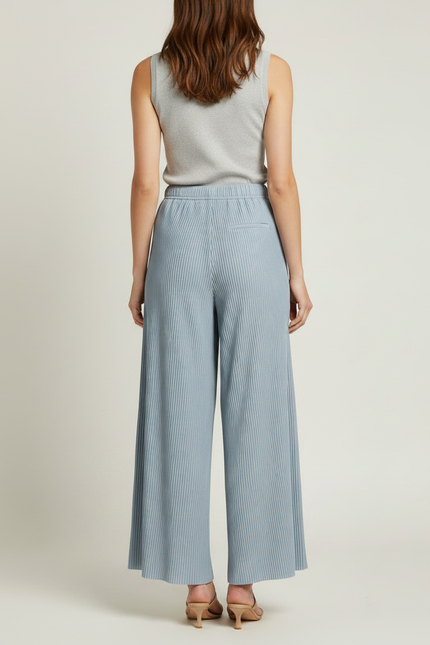 Pantalon Fluide Plissé Bleu Ciel Ample Décontracté Élégant - Polyester - vue 2