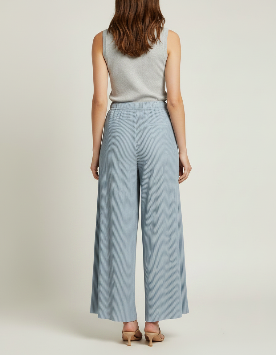 Pantalon Fluide Plissé Bleu Ciel Ample Décontracté Élégant - Polyester - vue 2