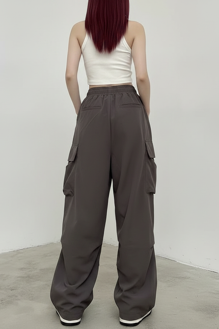 Pantalon Fluide Cargo Gris Ample Décontracté Streetwear - Polyester - vue 2