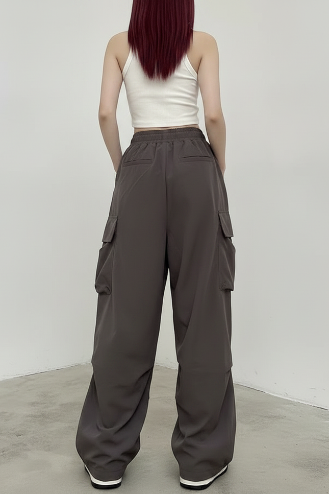 Pantalon Fluide Cargo Gris Ample Décontracté Streetwear - Polyester - vue 2