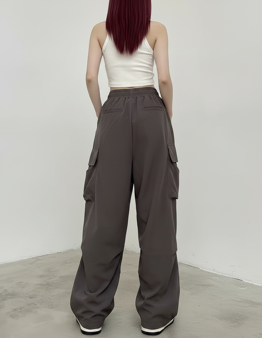 Pantalon Fluide Cargo Gris Ample Décontracté Streetwear - Polyester - vue 2