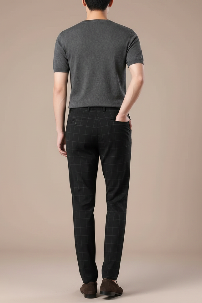 Pantalon Fluide Carreaux Noir Droit Décontracté Homme - Polyester - vue 2