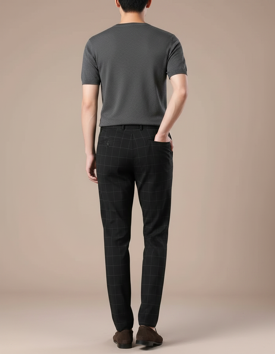 Pantalon Fluide Carreaux Noir Droit Décontracté Homme - Polyester - vue 2