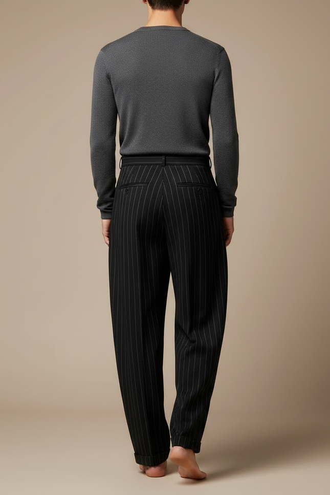 Pantalon Fluide Noir Rayé Ample Plissé Homme - Laine - vue 2