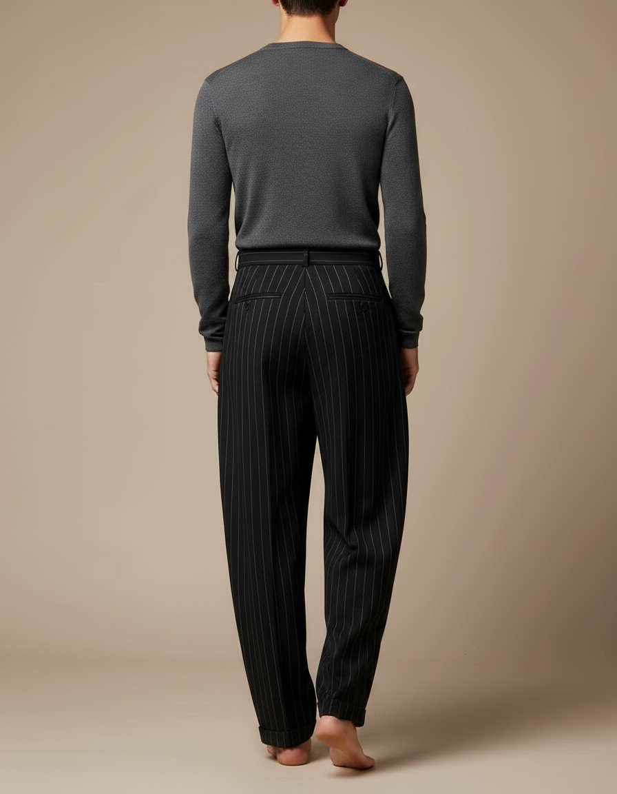 Pantalon Fluide Noir Rayé Ample Plissé Homme - Laine - vue 2