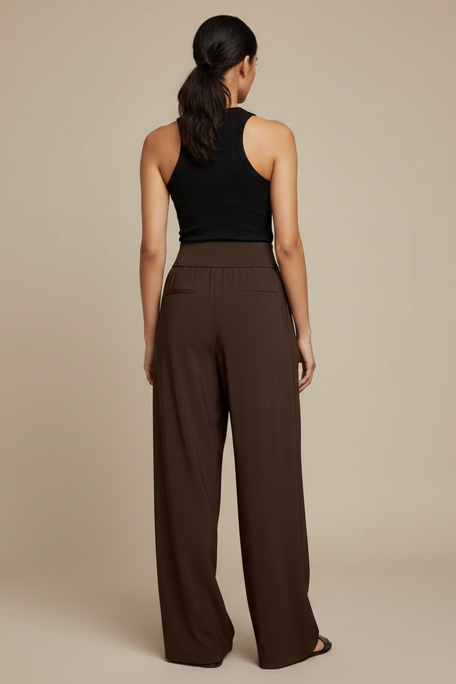 Pantalon Fluide Marron Ample Taille Haute Plissé Décontracté - Polyester - vue 2
