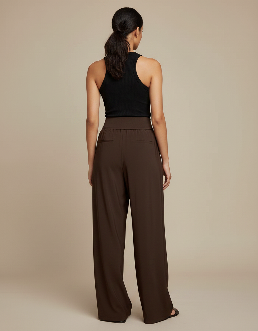 Pantalon Fluide Marron Ample Taille Haute Plissé Décontracté - Polyester - vue 2