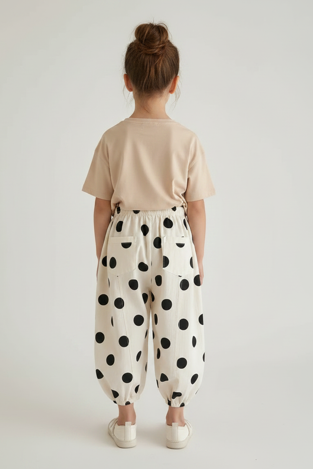 Pantalon Fluide Écru Pois Noirs Ample Coton Enfant - Beige - vue 2