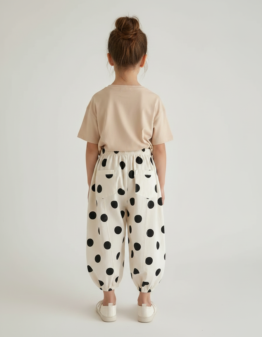Pantalon Fluide Écru Pois Noirs Ample Coton Enfant - Beige - vue 2