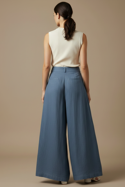 Pantalon Fluide Bleu Ciel Ample Lin Plissé Élégant - vue 2