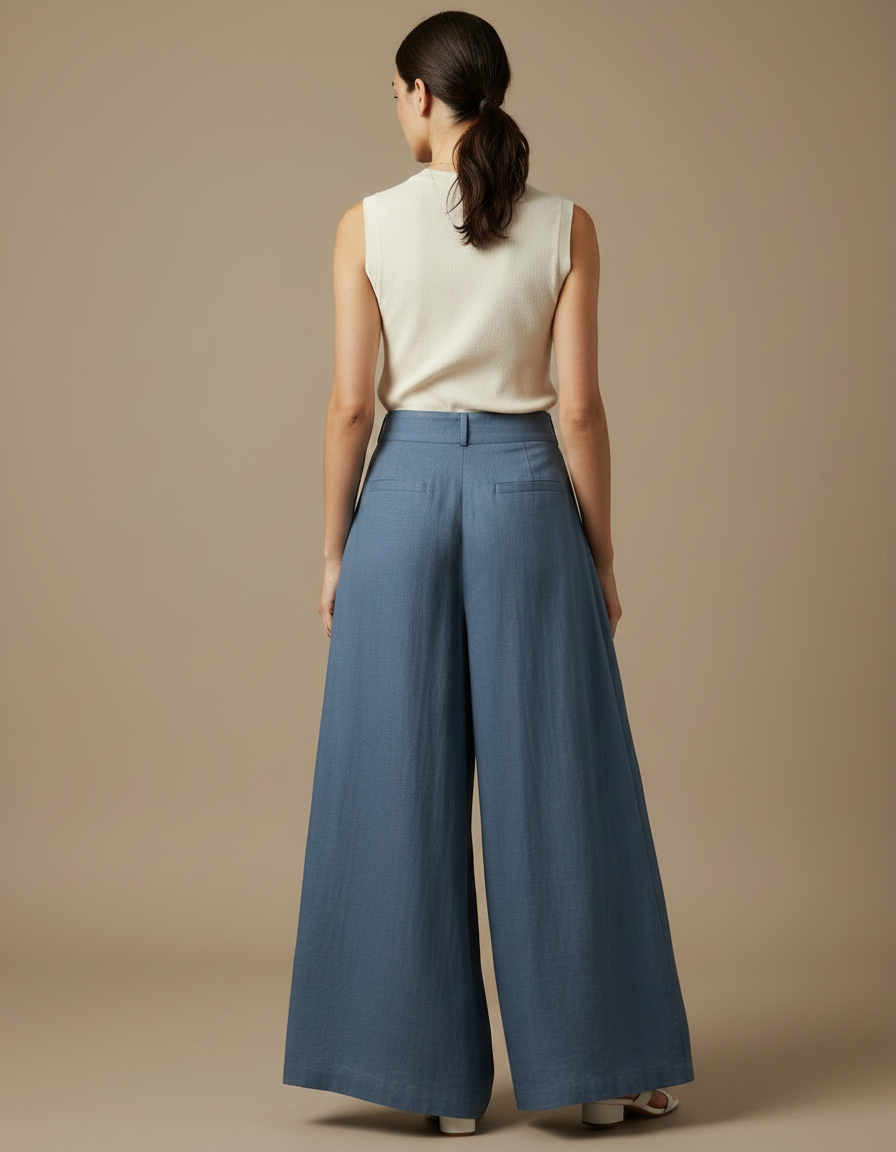 Pantalon Fluide Bleu Ciel Ample Lin Plissé Élégant - vue 2