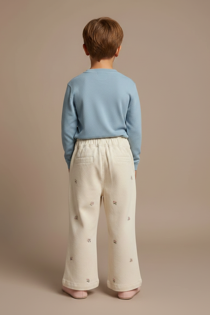 Pantalon Fluide Écru Broderies Florales Ample Enfant - Beige Toile - vue 2