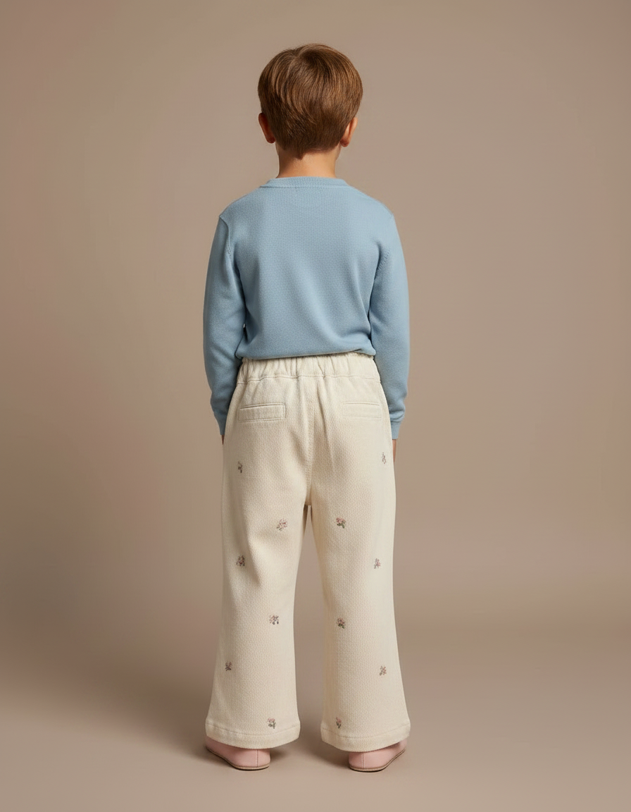 Pantalon Fluide Écru Broderies Florales Ample Enfant - Beige Toile - vue 2