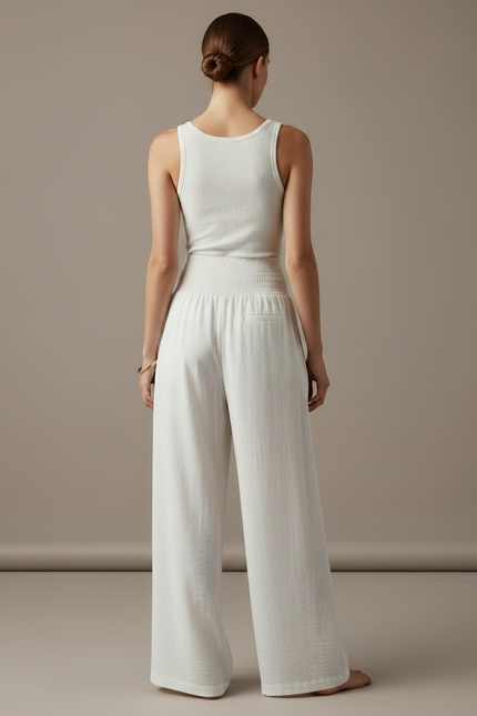 Pantalon Fluide Écru Ample Smocké Confortable Décontracté - Blanc Viscose - vue 2