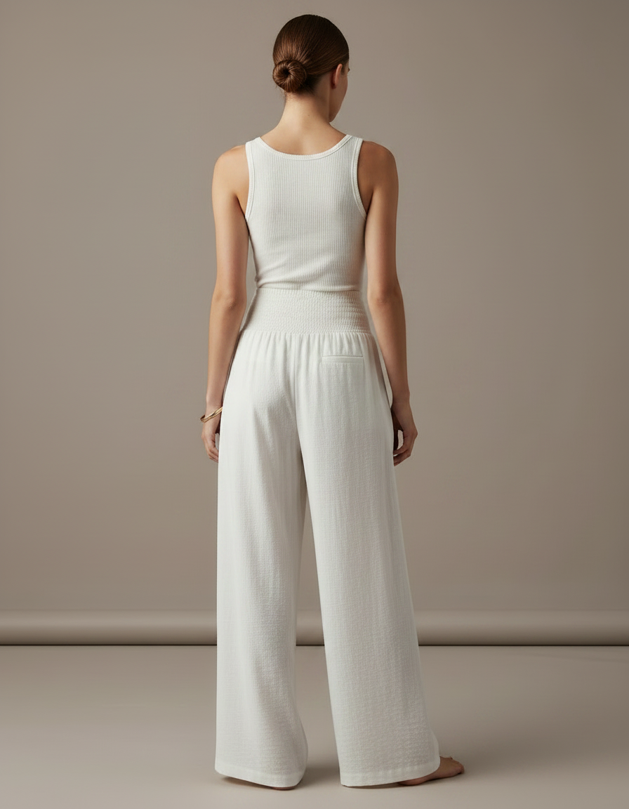Pantalon Fluide Écru Ample Smocké Confortable Décontracté - Blanc Viscose - vue 2