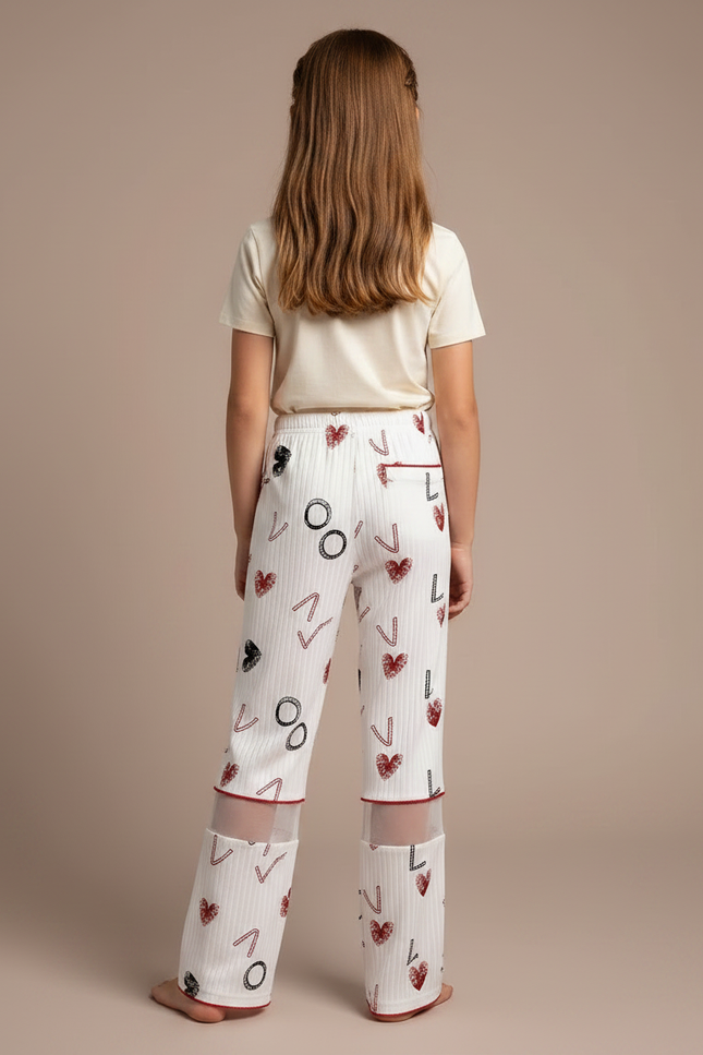 Pantalon Fluide Blanc Imprimé Cœur Ample Maille - vue 2