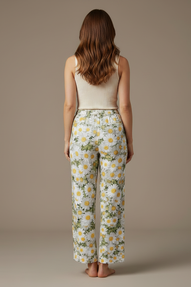 Pantalon Fluide Imprimé Marguerites Ample Décontracté Estival - Lin - vue 2
