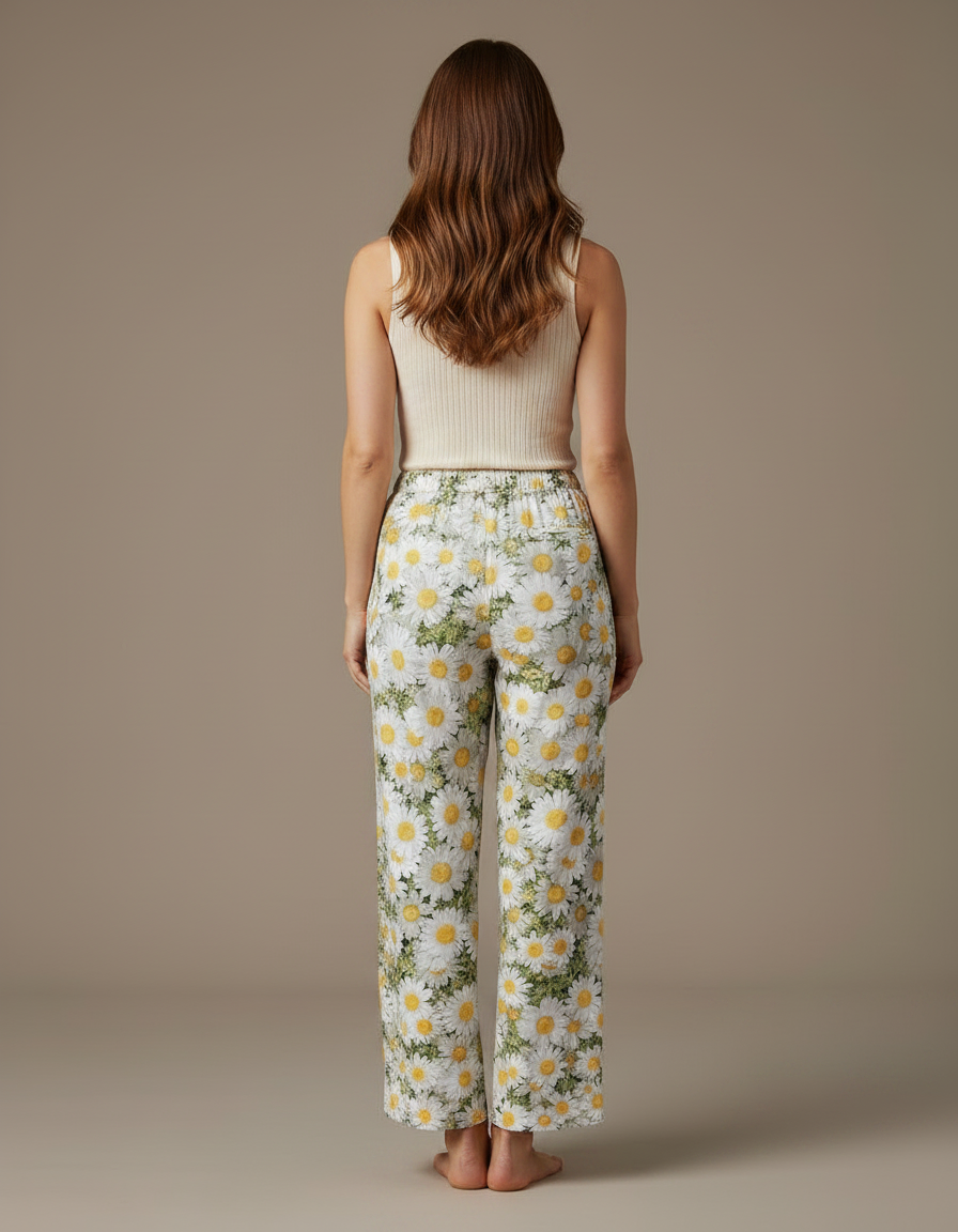 Pantalon Fluide Imprimé Marguerites Ample Décontracté Estival - Lin - vue 2