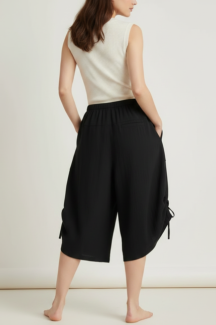 Pantalon Fluide Noir Ample Coton Taille Haute Décontracté - Lin - vue 2