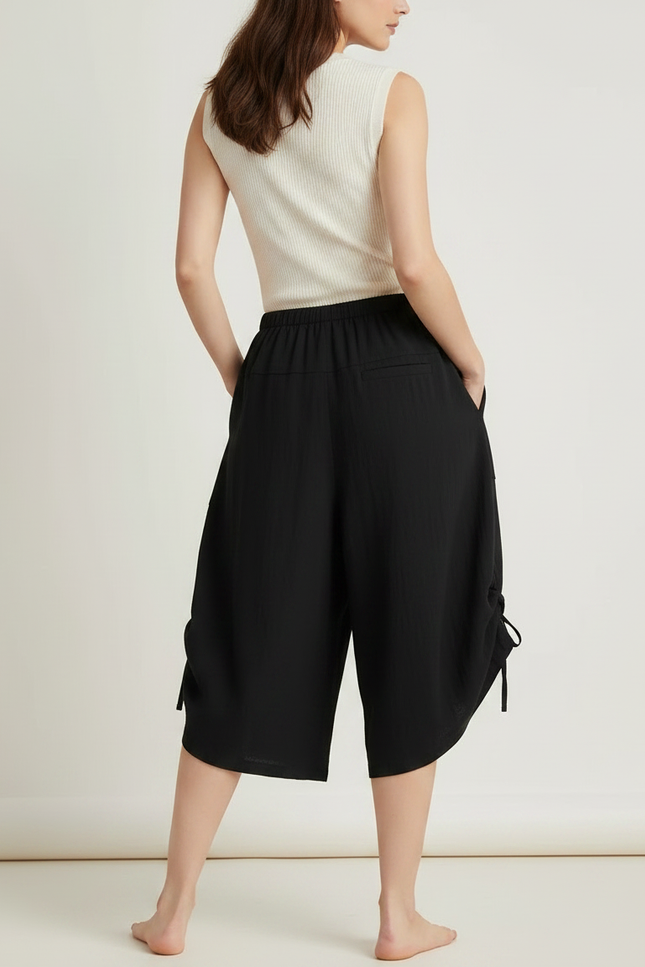 Pantalon Fluide Noir Ample Coton Taille Haute Décontracté - Lin - vue 2