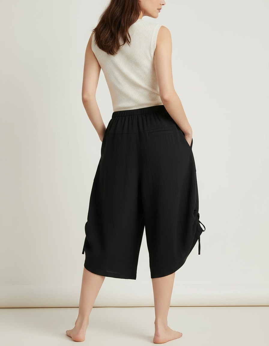 Pantalon Fluide Noir Ample Coton Taille Haute Décontracté - Lin - vue 2
