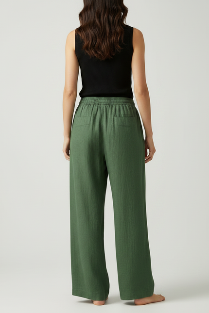 Pantalon Fluide Vert Ample Lin Taille Haute Décontracté - vue 2