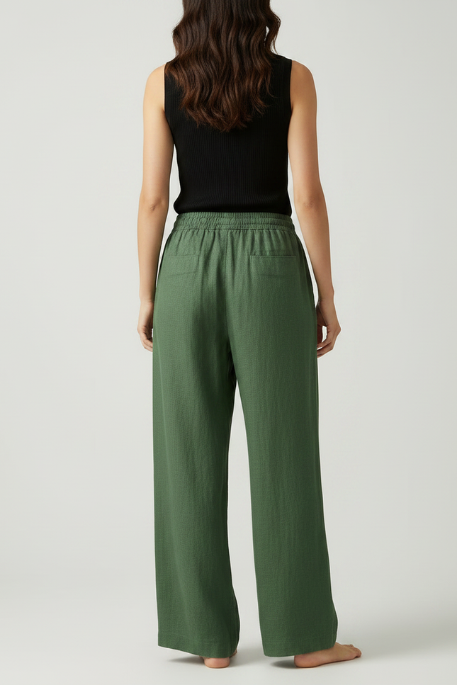 Pantalon Fluide Vert Ample Lin Taille Haute Décontracté - vue 2