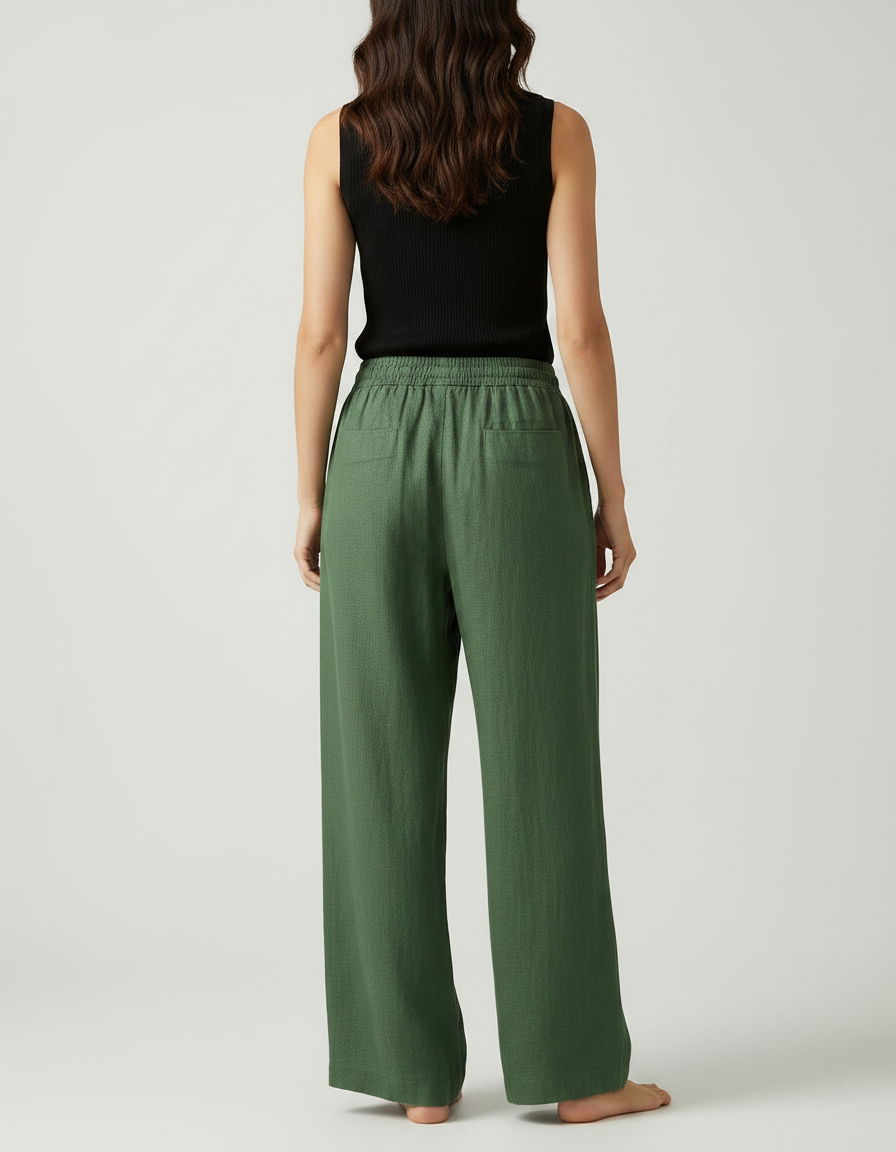 Pantalon Fluide Vert Ample Lin Taille Haute Décontracté - vue 2