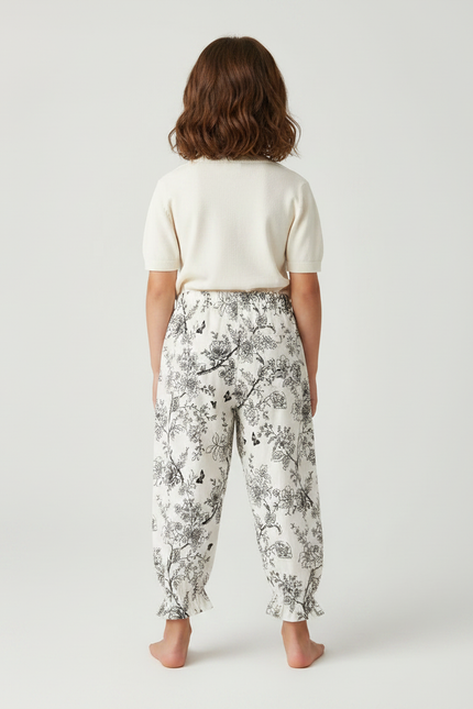 Pantalon Fluide Écru Ample Imprimé Floral Papillons - Lin - vue 2