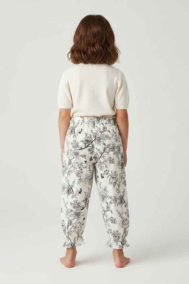 Pantalon Fluide Écru Ample Imprimé Floral Papillons - Lin - vue 2