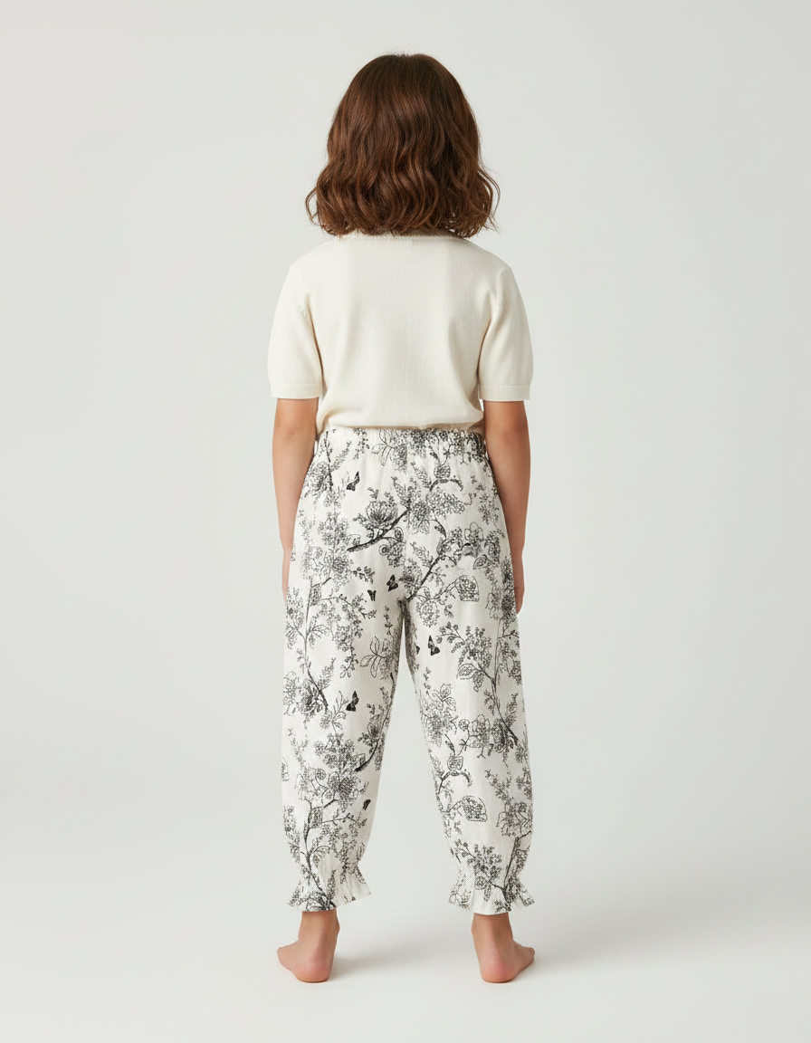 Pantalon Fluide Écru Ample Imprimé Floral Papillons - Lin - vue 2