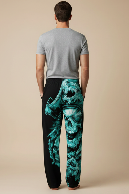 Pantalon Fluide Noir Ample Crâne Pirate Turquoise Homme - Viscose - vue 2