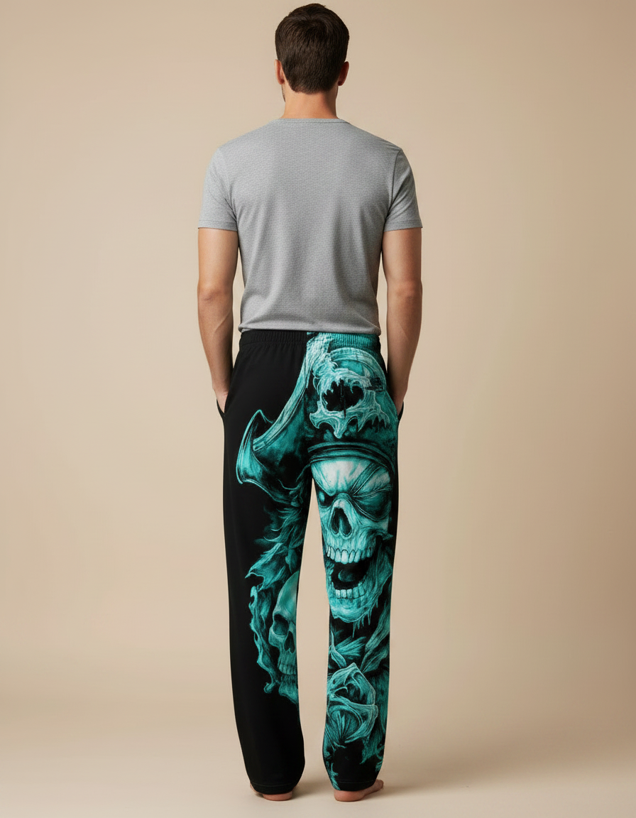 Pantalon Fluide Noir Ample Crâne Pirate Turquoise Homme - Viscose - vue 2