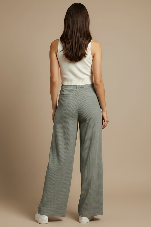 Pantalon Fluide Vert Ample Côtelé Décontracté - Cordé - vue 2