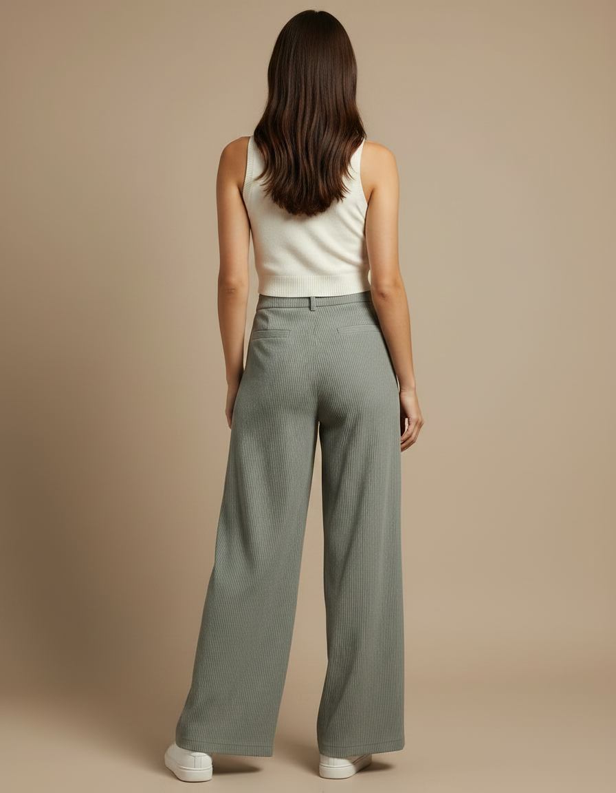 Pantalon Fluide Vert Ample Côtelé Décontracté - Cordé - vue 2