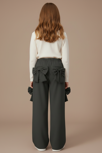 Pantalon Fluide Vert Ample Nœuds Décoratifs Fille - Kaki Polyester - vue 2