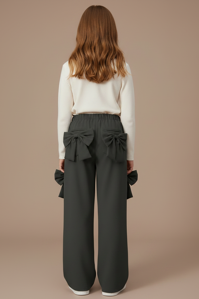 Pantalon Fluide Vert Ample Nœuds Décoratifs Fille - Kaki Polyester - vue 2