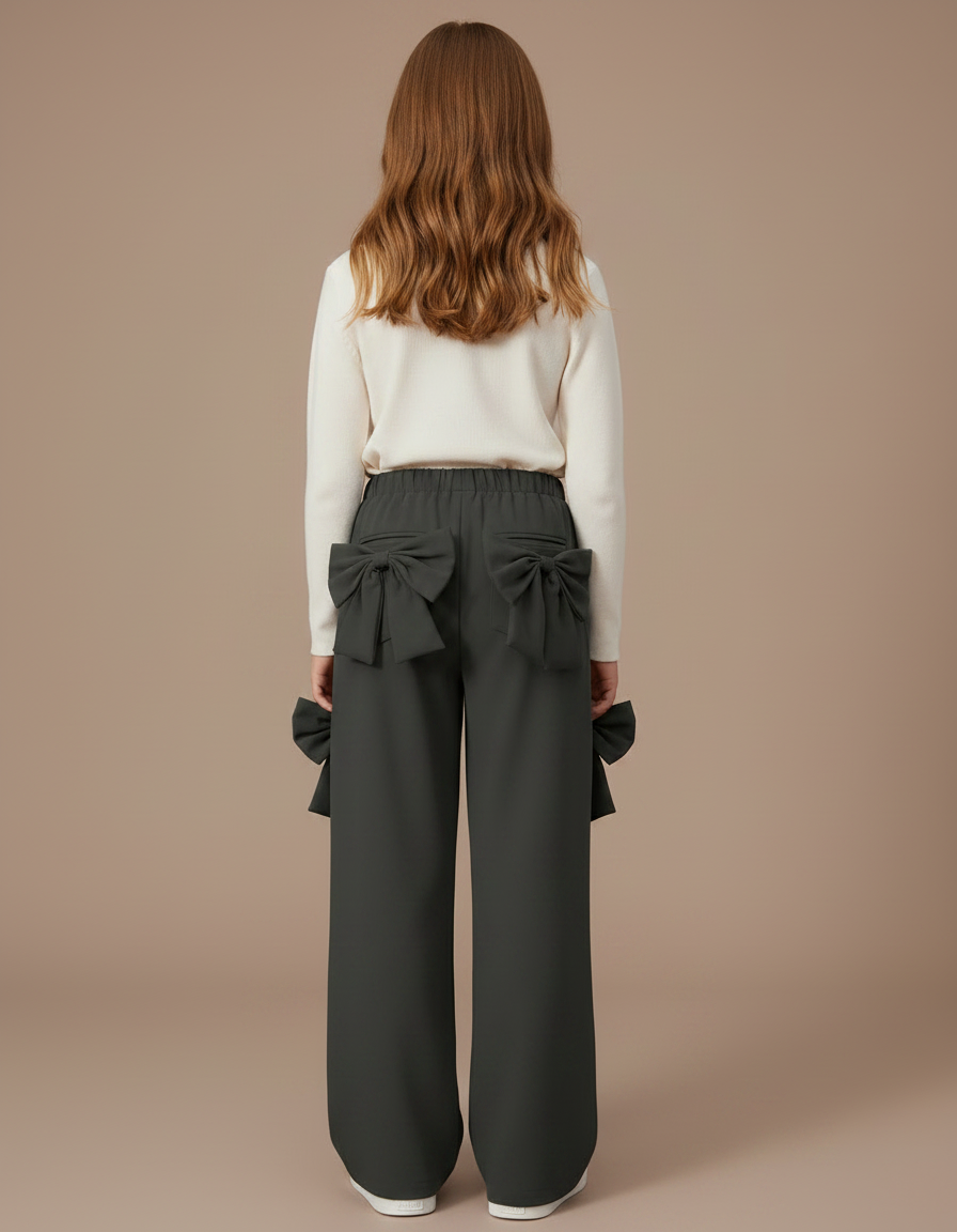 Pantalon Fluide Vert Ample Nœuds Décoratifs Fille - Kaki Polyester - vue 2