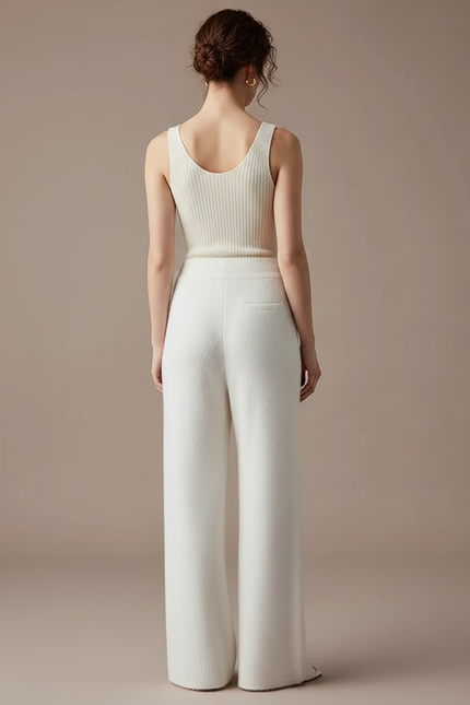 Pantalon Fluide Blanc Ample Tricoté Cordon Doux - Maille - vue 2