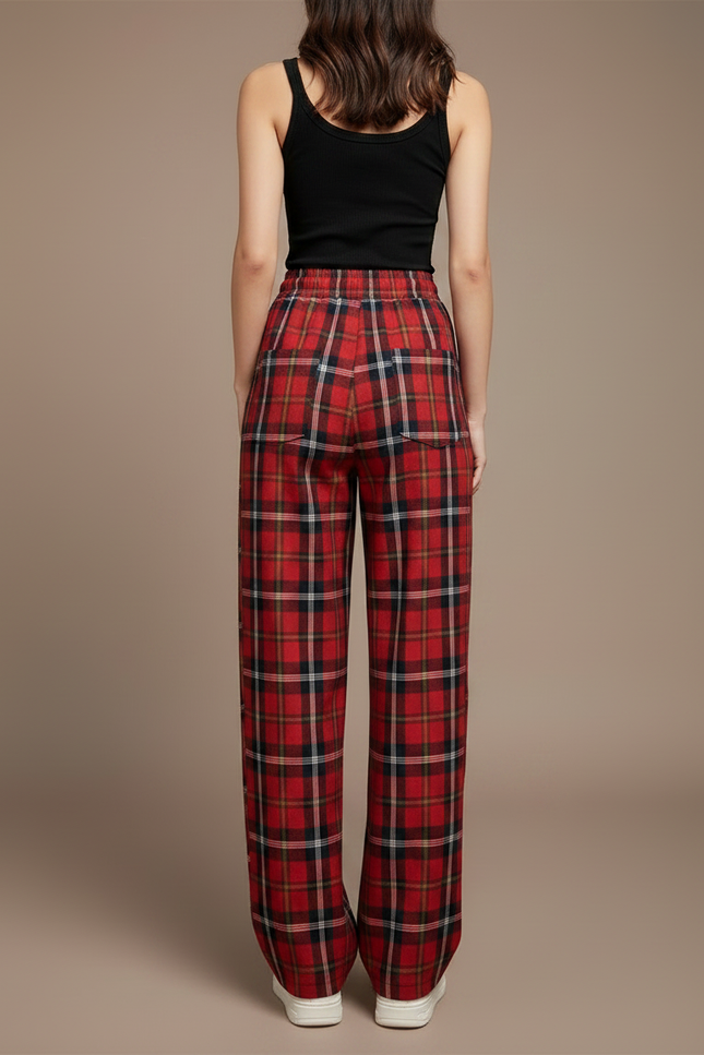 Pantalon Fluide Rouge Carreaux Ample Décontracté Femme - Molleton - vue 2