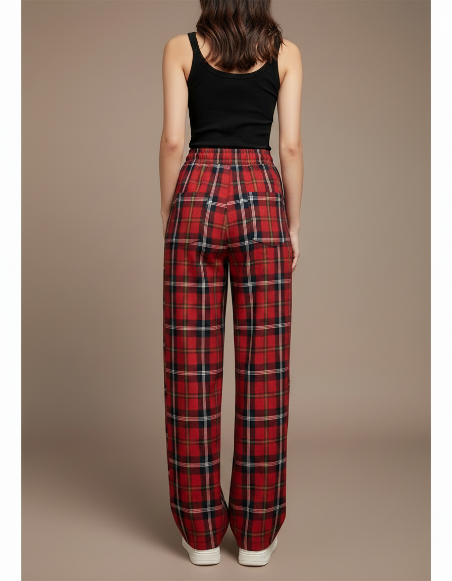 Pantalon Fluide Rouge Carreaux Ample Décontracté Femme - Molleton - vue 2