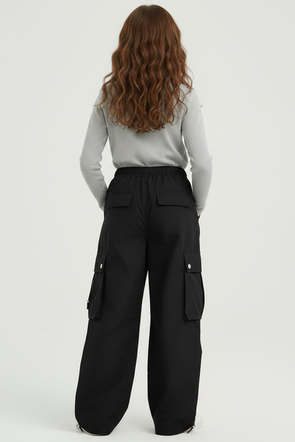 Pantalon Fluide Noir Ample Cargo Décontracté Fille - Polyester - vue 2