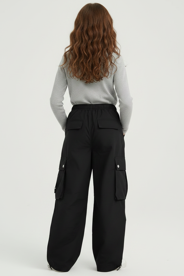 Pantalon Fluide Noir Ample Cargo Décontracté Fille - Polyester - vue 2
