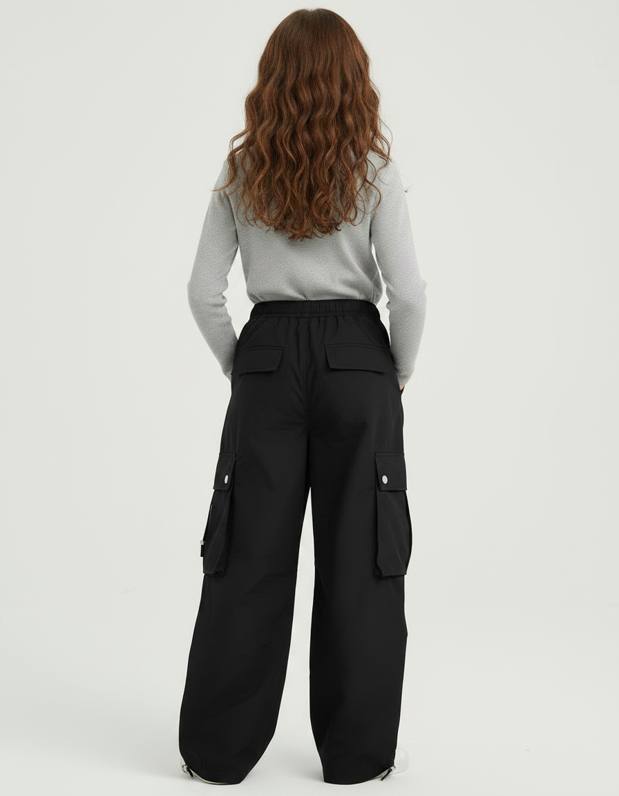 Pantalon Fluide Noir Ample Cargo Décontracté Fille - Polyester - vue 2